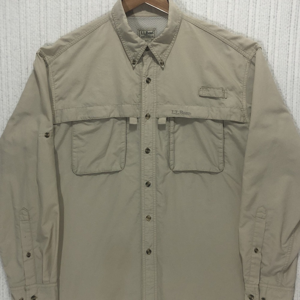 LL Bean Mens Large Fishing Shirt Tan Vented Back Long Sleeve Button Down Khaki